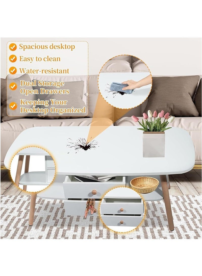 تابيت طاولة قهوة خشبية مزدوجة الطبقة مع الدرجات ، طاولة مركز بيضاوية بيضاوية لغرفة المعيشة ، طاولة نهاية بسيطة ووظيفية مع مساحة تخزين واسعة (100x50x42 سم ، أبيض) - Image 5